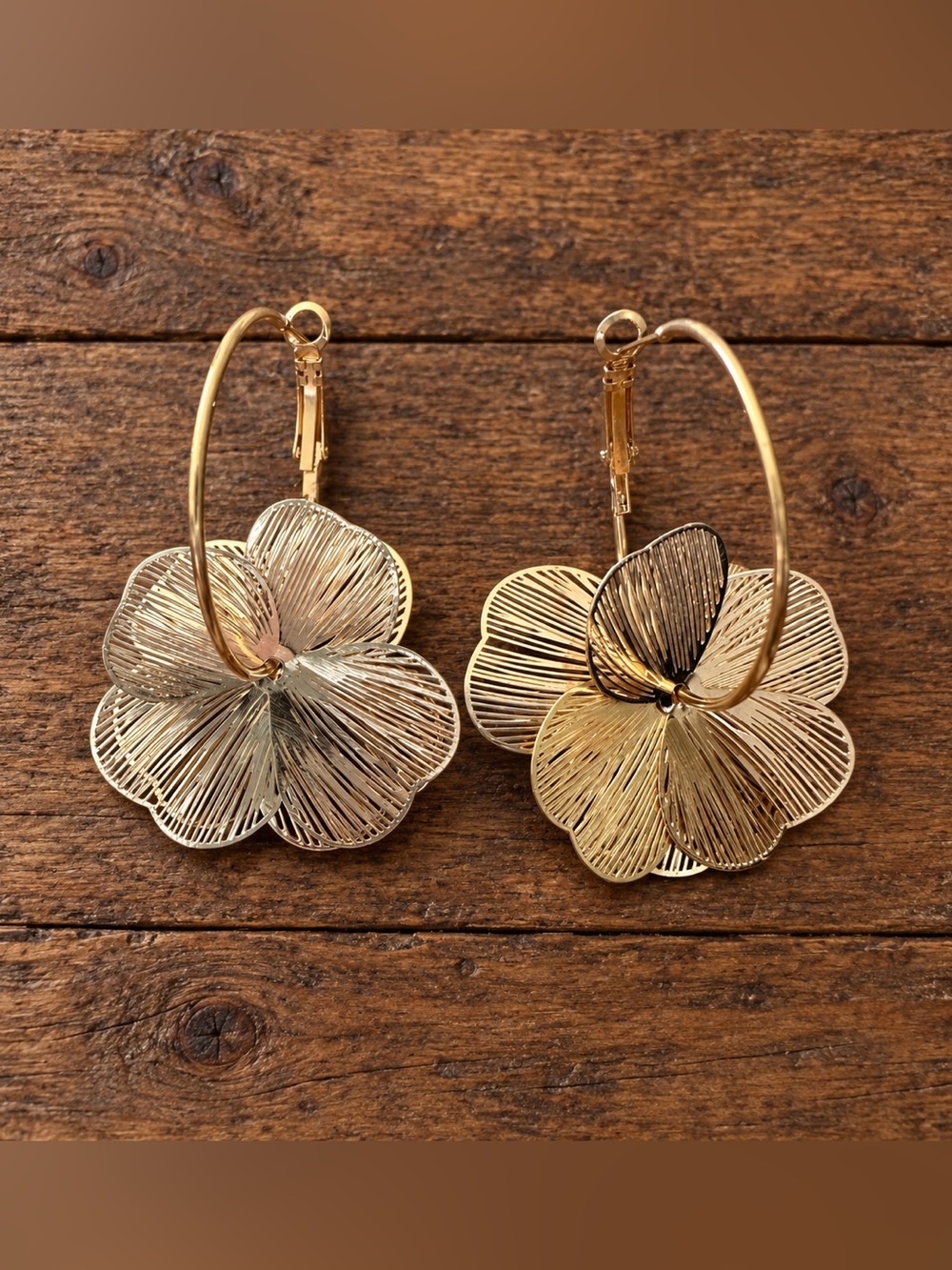 Gold Floral Hoop Earrings -  Flower Drop